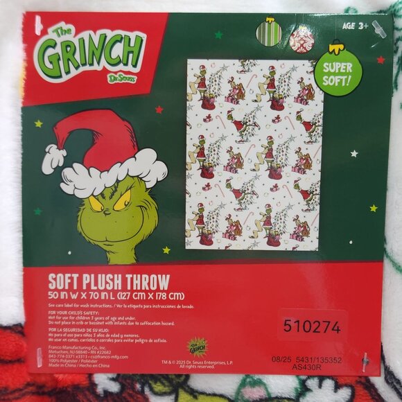 The Grinch Dr. Seuss Christmas Soft Plush Throw Blanket 50x70 Inches Candy Cane - Picture 5 of 10